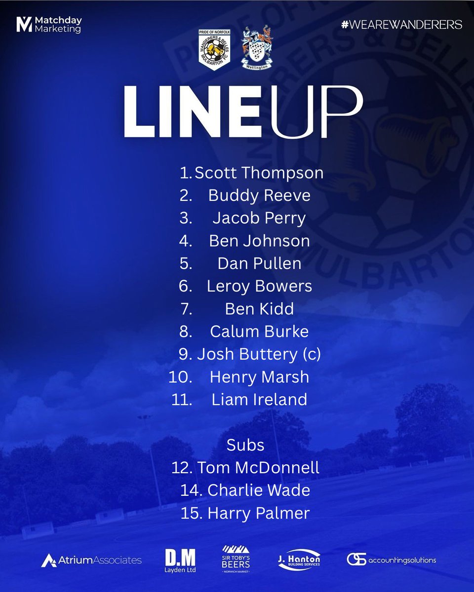 Mulbarton Reserves FC (@mulbartonresfc) on Twitter photo 🔵 STARTING XI ⚫️
Our team to take on <a href="/WSSFC1/">Watlington FC</a> as we begin our campaign at home in <a href="/AnglianCom/">Fosters Solicitors Anglian Combination</a> Division 2.
Full debut for Ben Kidd. We also welcome Charlie Wade into the squad for the first time in a competitive fixture.
#MWFC 🔵 STARTING XI ⚫️
Our team to take on <a href="/WSSFC1/">Watlington FC</a> as we begin our campaign at home in <a href="/AnglianCom/">Fosters Solicitors Anglian Combination</a> Division 2.
Full debut for Ben Kidd. We also welcome Charlie Wade into the squad for the first time in a competitive fixture.
#MWFC
