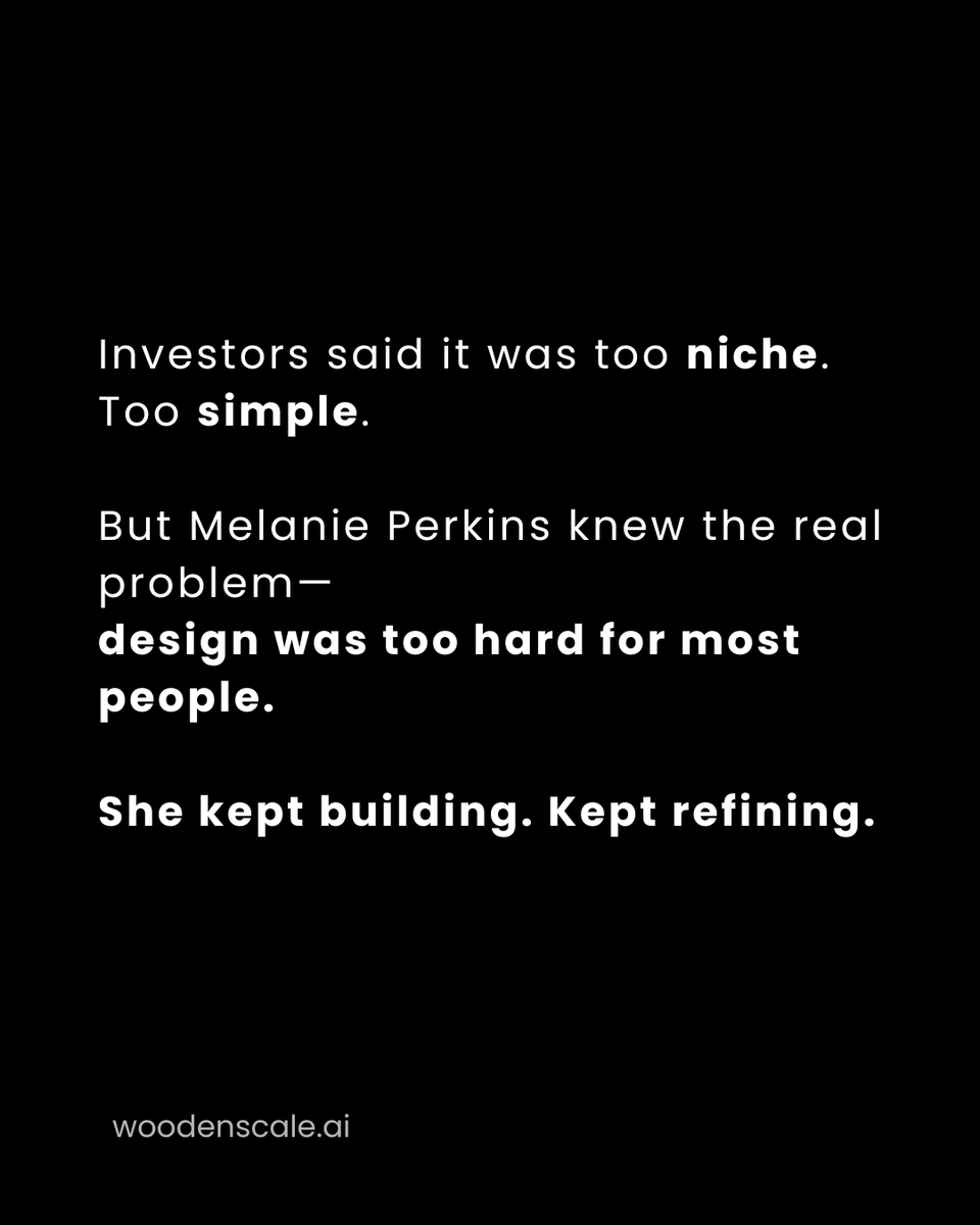 WoodenscaleAI's tweet photo. 🚀 From 100+ rejections to global success -
This is the power of persistence!

Melanie Perkins didn't just build Canva; she revolutionized how we think about design.
When investors called it "too niche" and "too simple,"
She saw the real opportunity: making design accessible to everyone.

The lesson?
You don't need everyone to believe in your vision.
You need to solve a real problem and refuse to give up.
💪What's one "crazy" idea you're working on that others don't understand yet? Drop it below! 👇

#entrepreneurship101 #startup #persistence #canva #inspiration #nevergiveup #innovation #design #success #entrepreneurship