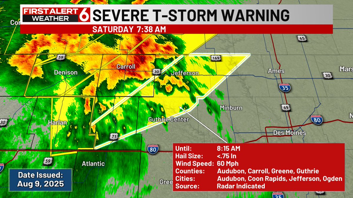 FIRST ALERT: A Severe Thunderstorm Warning is currently in effect for Greene, Audubon, Boone, Guthrie, Carroll counties until Aug 09 8:15AM. Check the First Alert 6 Weather App and First Alert 6 on air for more information.