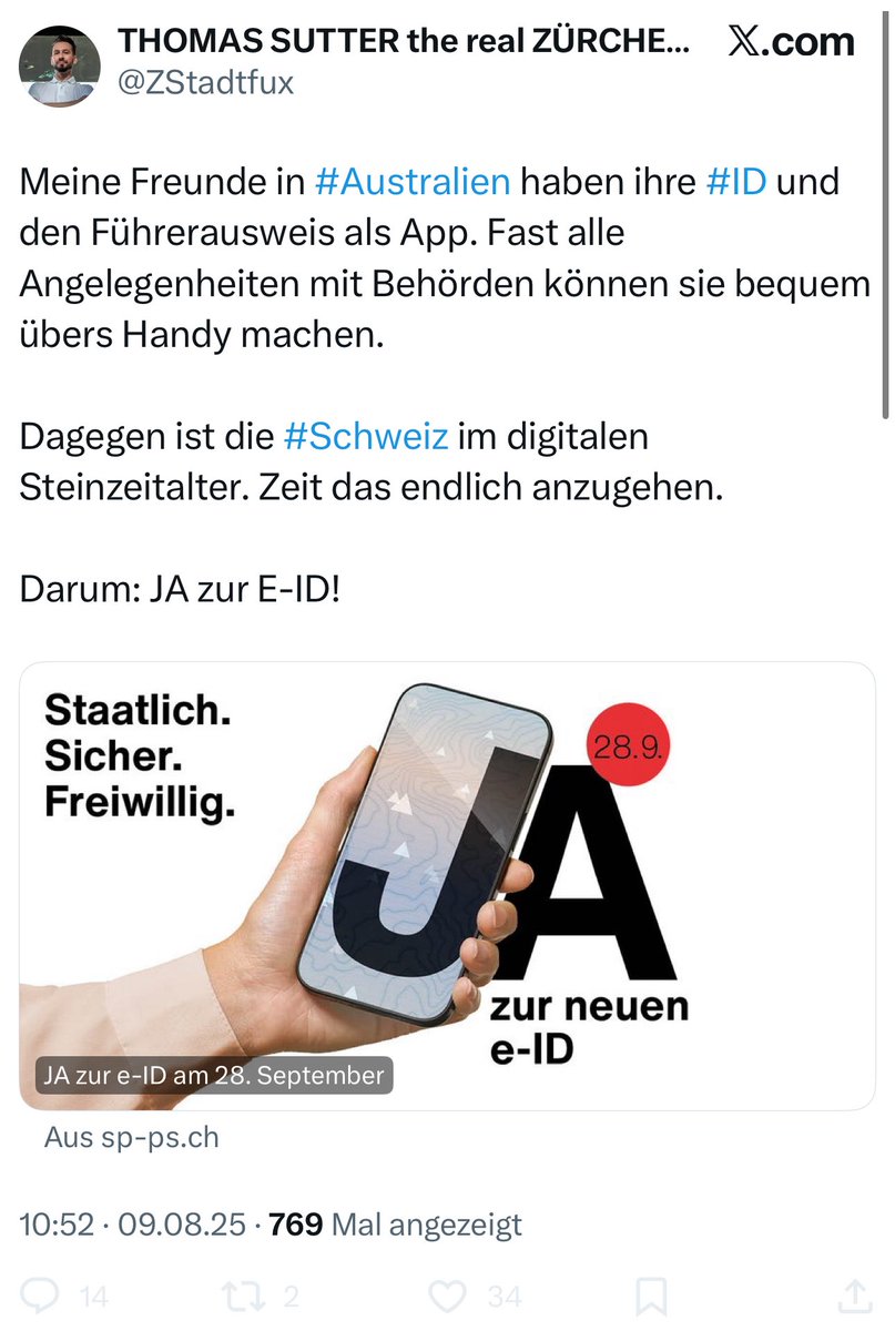 Danke an den solidarischen Stadtfux, dass er die Ja-Kampagne hier auf X übernimmt.

Ich war mit meinen Pro-Argumenten ziemlich alleine unterwegs bisher.

Die E-ID ist:

1000% staatlich.

2000% sicher.

und

3000% freiwillig.

Ja zur umfassenden staatlichen Informationskontrolle!