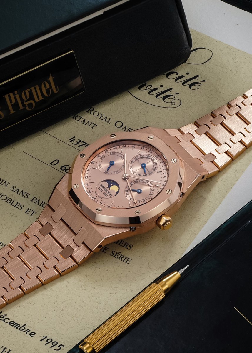 hairspringwatch's tweet photo. Finds. A ref. 25810OR, the pink on pink Royal Oak QP with two world firsts made to celebrate AP’s 120th. Fittingly 120 examples were made. It was the first Royal Oak QP with a weak pointer, and perhaps more importantly the first to debut a leap year indication. It is utterly gorgeous in a way that no contemporary matches. https://t.co/q1FDNWlYJS