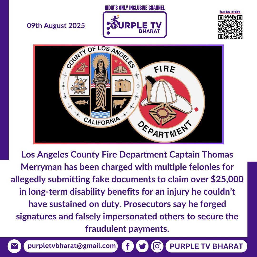 PurpleTVBharat's tweet image. 🚨 L.A. County Fire Captain charged with faking injury to collect $25K+ in disability benefits. Prosecutors allege forged docs &amp;amp; false claims. Arraignment set for Sept. 9.

#InsuranceFraud #LAFD #DisabilityFraud #PublicCorruption #LosAngeles #Justice #FraudCharges