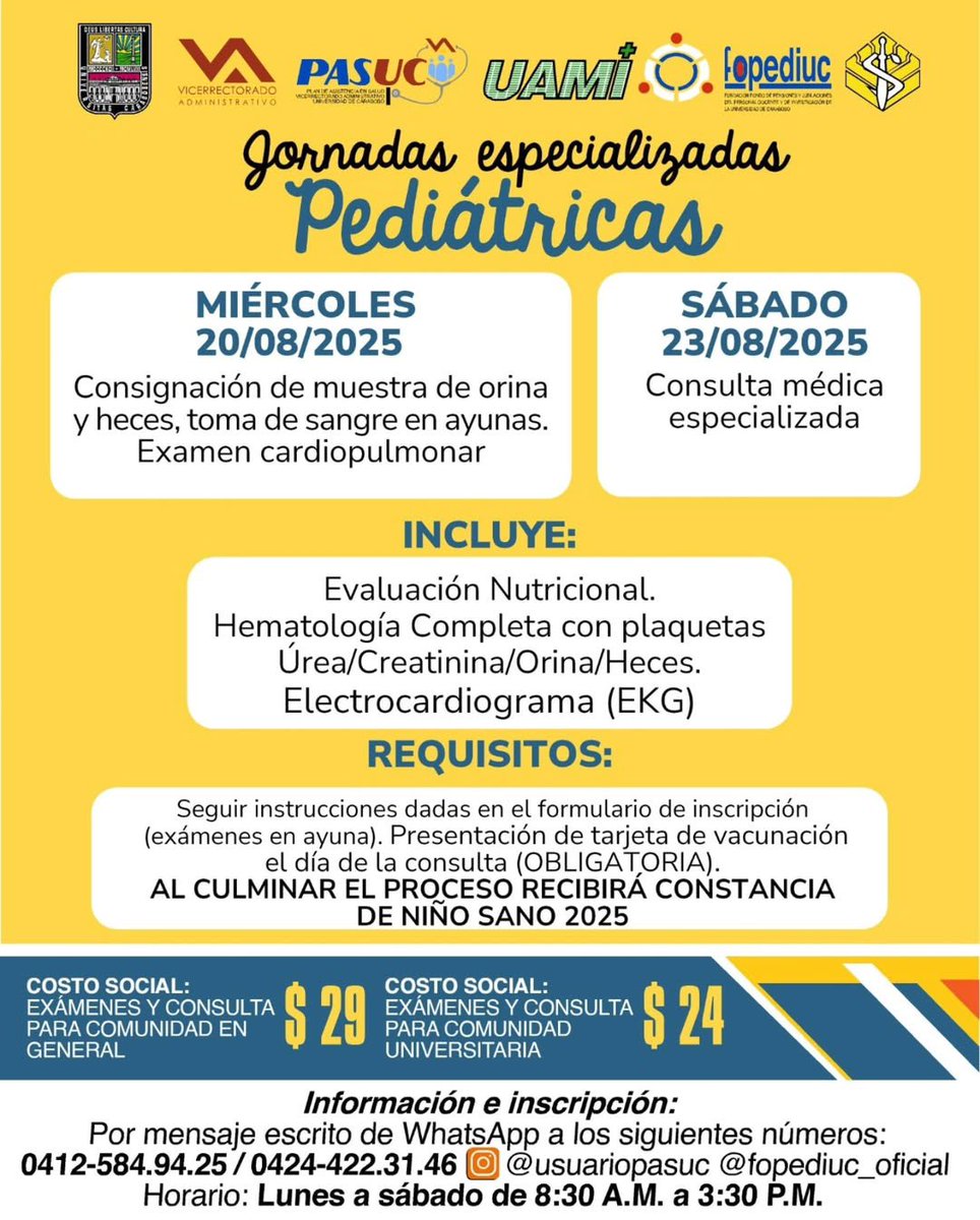 <a href="/fopediuc/">Fopediuc SALUD</a> anuncia las XII Jornadas Sociales Autosostenibles, dedicadas a la pediatría con el fin de proteger el porvenir de los más pequeños.

ℹ️ Para más información e inscripción, envía un mensaje de WhatsApp al: 0412-584.94.25 o 0424-422.31.46. 

instagram.com/p/DNInQIGNsvT/…