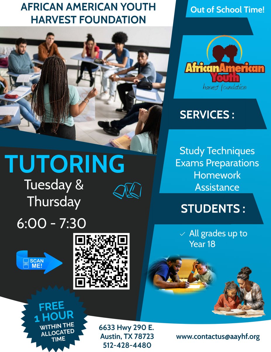 AAYHF is proud to offer free youth TUTORING SERVICES on Tuesdays &amp; Thursdays! Scan the QR code to register or use this link:  render.jotform.com/252015831067148 #AAYHF #TUTORING #mentorship