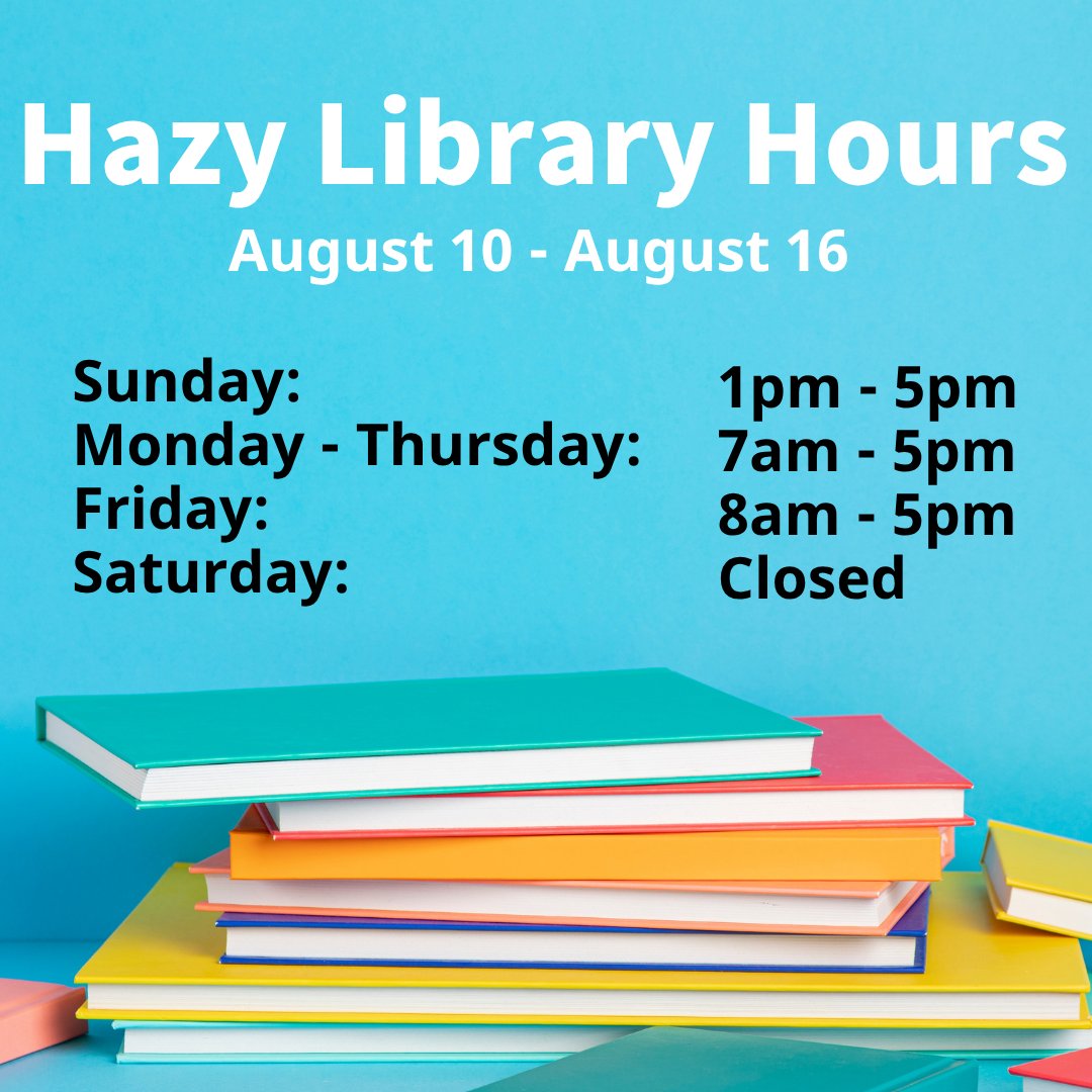 hazylibrary's tweet image. 📅Here are your Hazy Library Hours from August 10 - August 16. Hope to see you here! #HazyLibrary