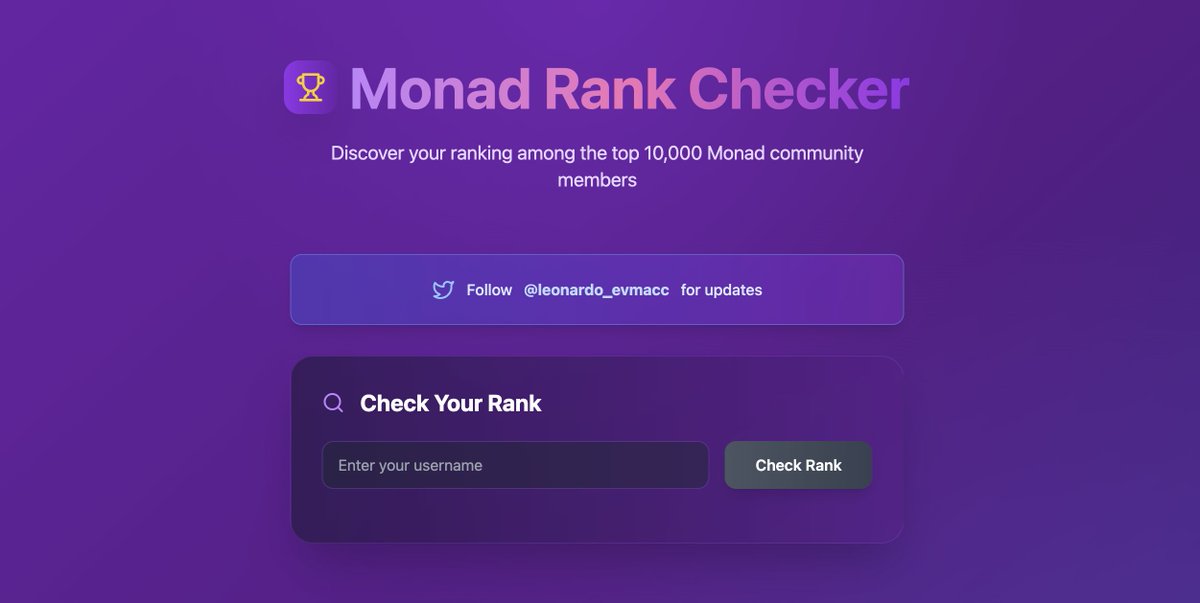 The wait is over ITS COMING

Monad Rank Checker is live!!!👀

monadrank.pages.dev