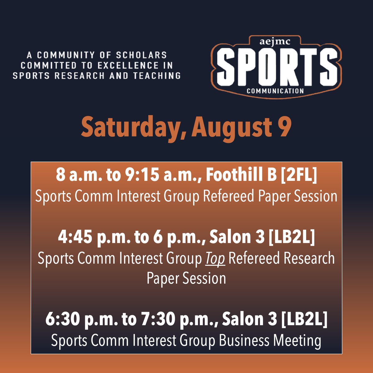 One more chance to check out some sports research at #aejmc25! And, today's the SCIG business meeting. If you're looking to get more involved in the field, it's a great place and group to get started. In particular, we'll be voting on a Research Co-Chair and Grad Student Liaison.