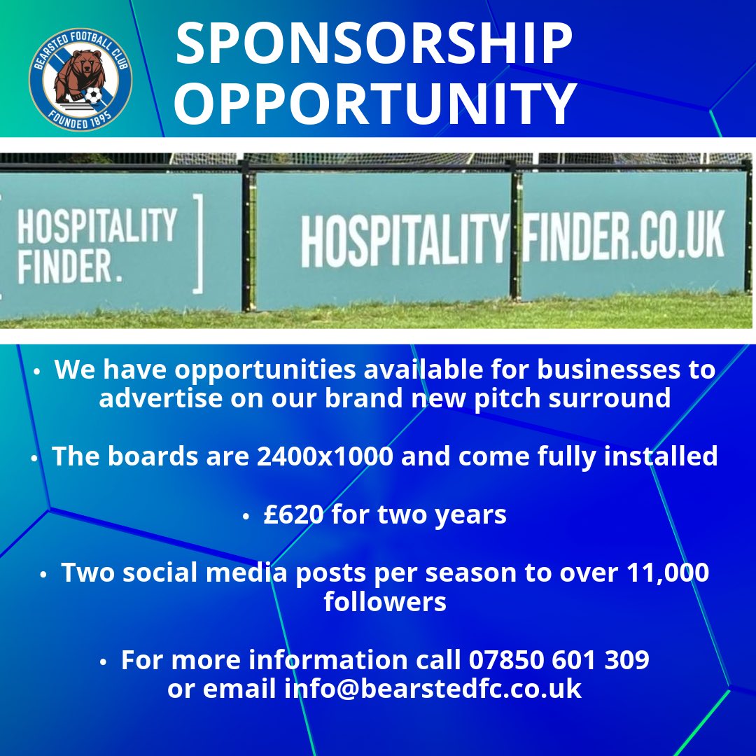 Bearsted_FC's tweet image. We have sponsorship opportunities available on our new pitch surround. Contact us if you are interested in promoting your business 07850 601309 or email info@bearstedfc.co.uk