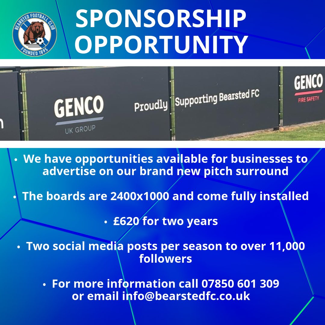 Bearsted_FC's tweet image. We have sponsorship opportunities available on our new pitch surround. Contact us if you are interested in promoting your business 07850 601309 or email info@bearstedfc.co.uk