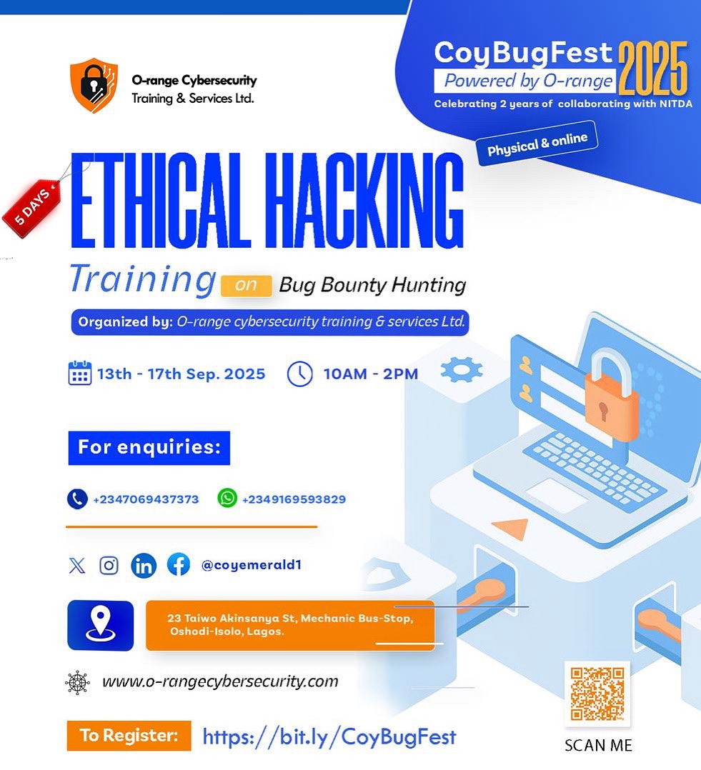 Coy Emerald (Yunus) π³π¬πΊπ¦ (@coyemerald1) on Twitter photo This 5-day training is an exclusive opportunity for our #2023 past trainees only
π Registration closes: August 30, 2025
π Secure your spot via the link in the flyer or visit bit.ly/CoyBugFest
<a href="/CoyEmerald1/">Coy Emerald (Yunus) π³π¬πΊπ¦</a>
Cybersecurity Specialist This 5-day training is an exclusive opportunity for our #2023 past trainees only
π Registration closes: August 30, 2025
π Secure your spot via the link in the flyer or visit bit.ly/CoyBugFest
<a href="/CoyEmerald1/">Coy Emerald (Yunus) π³π¬πΊπ¦</a>
Cybersecurity Specialist