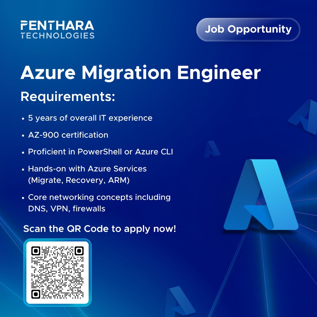 We're hiring an Azure Migration Engineer!
Lead cloud projects, work with the latest tech, and grow your career.
AZ-900 required. 

Apply now!careers.penthara.com

#WeAreHiring #AzureMigration #CloudCareers #PentharaGalaxy #PentharaTechnologies