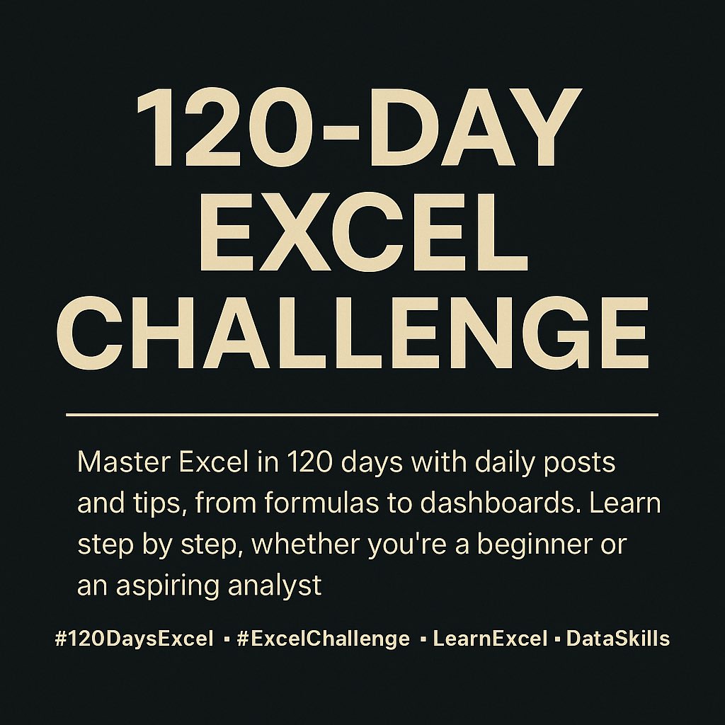 ExcelCraftsman's tweet image. 🚀 I’m mastering Excel in 120 days — one skill, one post, every day!
Starts 11th August 2025- 7th December 2025
#ExcelChallenge #LearnExcel #DataSkills #SpreadsheetMagic