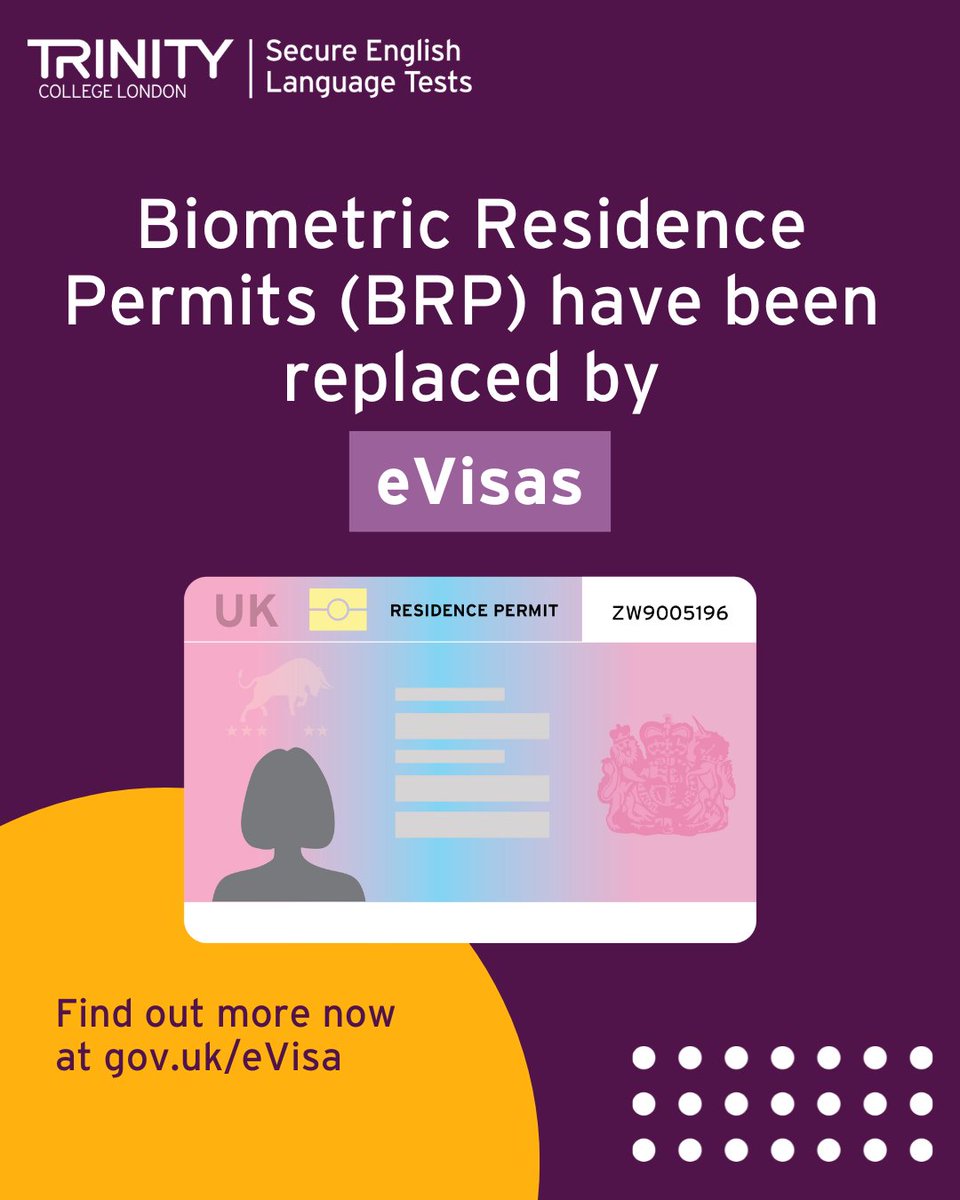 Biometric Residence Permits (BRP) have been replaced by eVisas. Go to hubs.la/Q03zY9TR0 to learn more about eVisas or to get help creating your account.

#evisa #b1test #ukvi #ukvisa #visa #SELT #ImmigrationUK