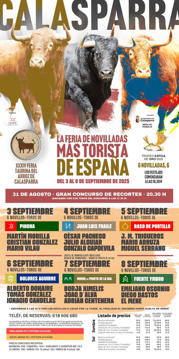 pedrommellinas's tweet image. Comparto el cartel del "ferión" que ha presentado mi #Calasparra. Aquí se le tributa una ovación a la terna al romper el paseíllo y rarísima vez he visto yo pitar a un novillero.Todo ello como agradecimiento por su compromiso al anunciarse en: 
"LA FERIA MÁS TORISTA DE ESPAÑA"
👇