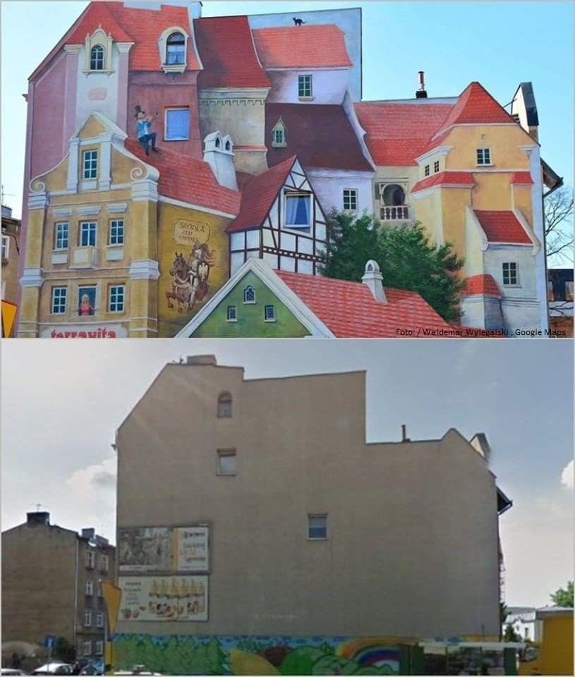 WOW 
Just look at the before and after of this beautiful piece of Street Art 
POZNAŃ in Poland 
No maker so sorry