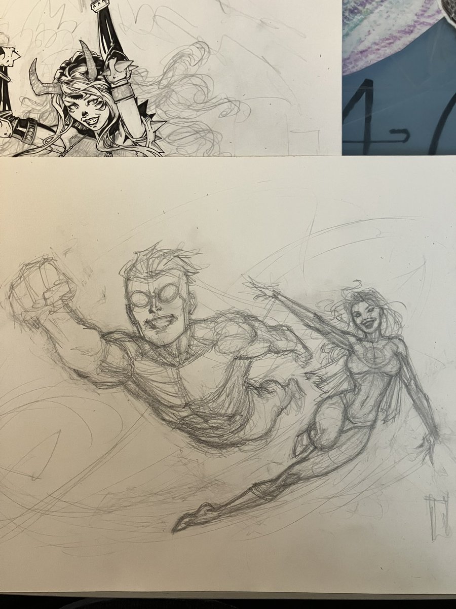 Invincible and Atom Eve WIP (plus Magik photobomb).