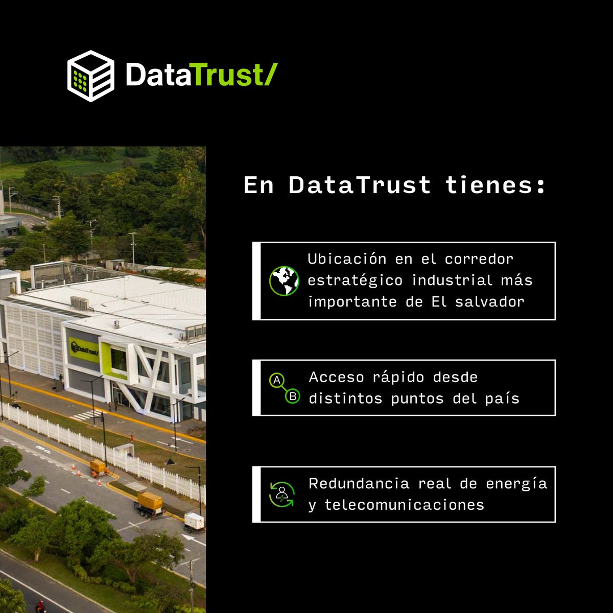 DataTrustSV's tweet image. Estamos ubicados estratégicamente y respaldados por expertos internacionales.
Todo listo para operar sin interrupciones y ser tu sitio primario o secundario, según las necesidades de tu operación.⚡
#DataTrust #DataCenterSeguridad