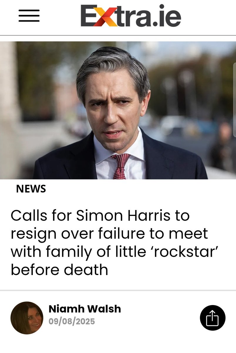 caulmick's tweet photo. Tanaiste Simon Harris is coming under mounting pressure over his failure to meet the parents of a little boy who had waited seven years for scoliosis surgery.

Nine-year-old Harvey Morrison Sherratt died last week after years of pain, during which he struggled to breathe.

An online campaign, ‘Justice for Harvey’ and ‘Resign Harris’, is trending on X.

#JusticeforHarvey #ResignHarris 

https://t.co/UW7Sxl1tuX