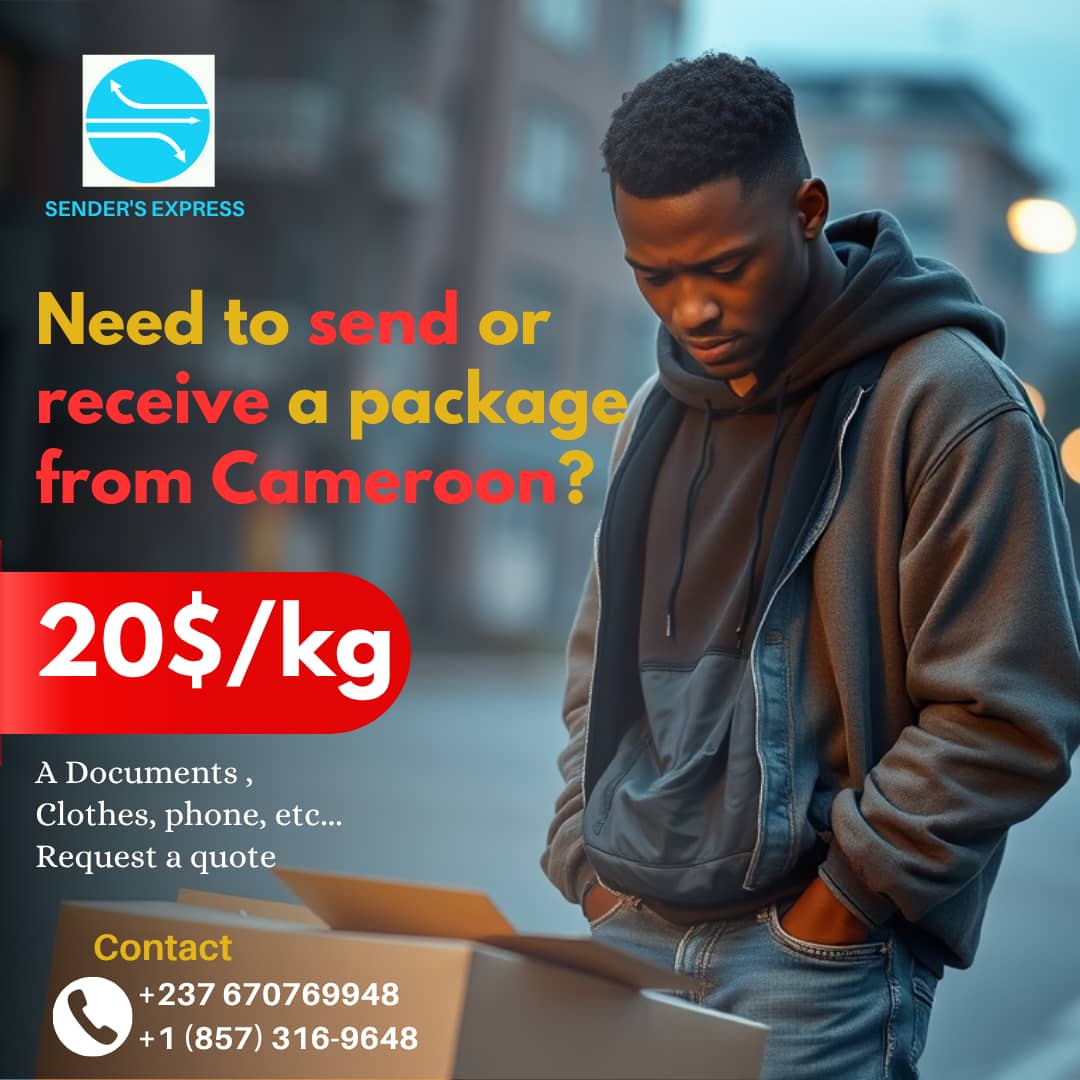 🇨🇲✈️🇺🇸 Special Cameroon ⇄ USA promotion for only $20/kg!

With Sender's Express, send or receive your packages between Cameroon and the United States securely:
📄 Documents
👕 Clothing
📱 Phones
🎁 Personal belongings
💰 Single rate: $20/kg
📦 Fast, reliable service