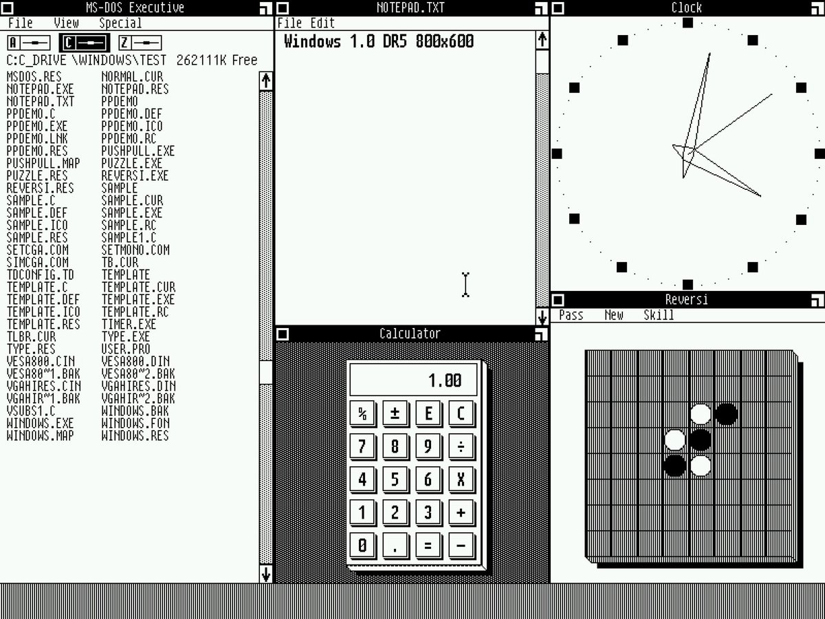 Windows 1.0 Development Release #5, the earliest available build of Windows 1.0 and any version of Windows.
Compiled: 1984-10-31