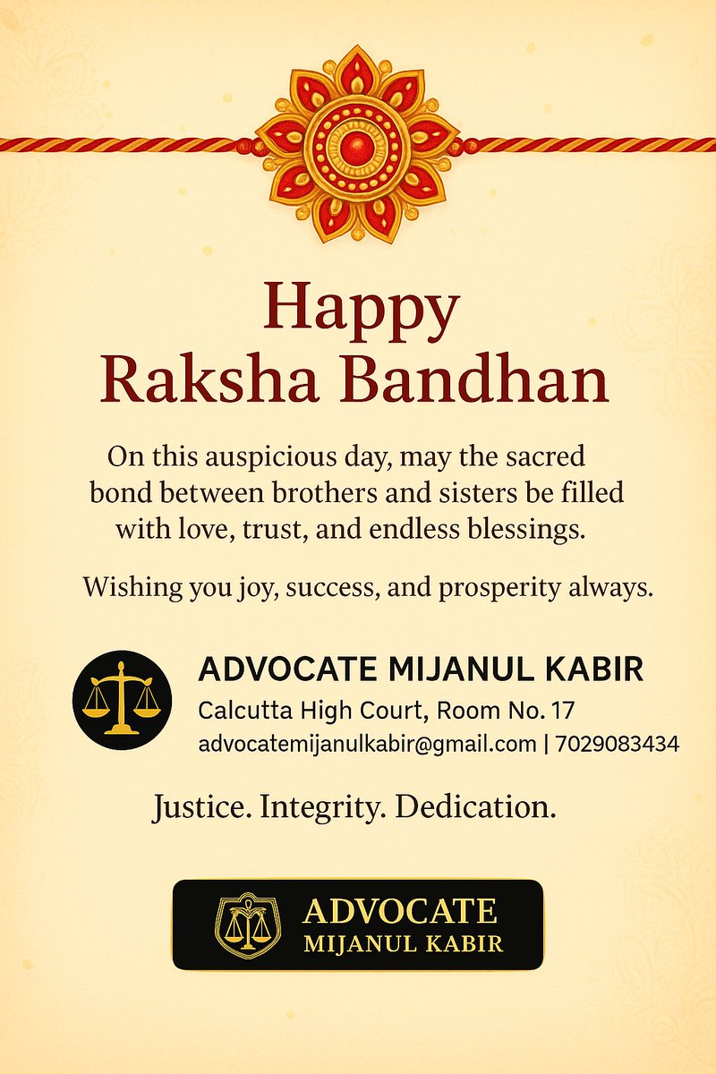 💫 Happy Raksha Bandhan 💫
May this sacred thread bring you endless love, joy, and protection always. ❤️

 #RakhiBond #BrotherLove #SisterLove #Brotherhood #Sister #LoveAndProtection #RakhiHappiness
#AdvocateMijanulKabir #HappyRakhi #SiblingBond #AdvocateLife #FestivalOfLove