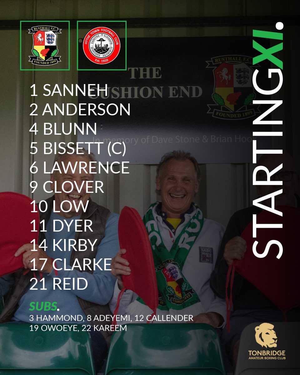 Rusthall FC (@fcrusthall) on Twitter photo 📝 𝗧𝗘𝗔𝗠 𝗡𝗘𝗪𝗦
Here’s how we line-up to face <a href="/hythetownfc/">Hythe Town FC</a> this afternoon! 💪
#RusthallFC 🟢⚪️ 📝 𝗧𝗘𝗔𝗠 𝗡𝗘𝗪𝗦
Here’s how we line-up to face <a href="/hythetownfc/">Hythe Town FC</a> this afternoon! 💪
#RusthallFC 🟢⚪️