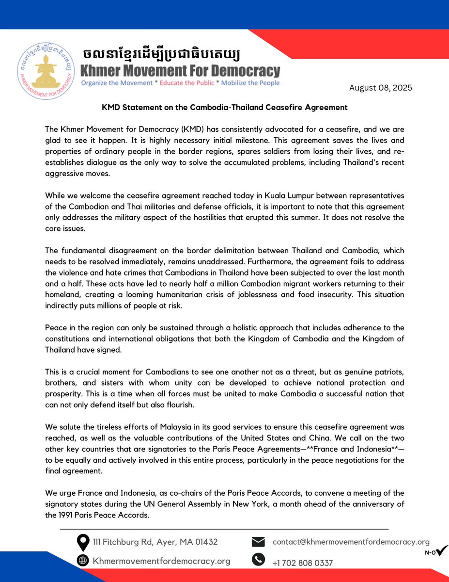 Rainsy Sam (@rainsysam) on Twitter photo The Khmer Movement for Democracy <a href="/KHMForD/">Khmer Movement For Democracy</a> urges France and Indonesia, as the two main movers behind the 1991 Paris Peace Agreements, to reconvene a meeting of the signatory states. <a href="/prabowo/">Prabowo Subianto</a> <a href="/Kemlu_RI/">MoFA Indonesia</a> <a href="/IndonesiainPNH/">Indonesia in Phnom Penh</a> <a href="/EmmanuelMacron/">Emmanuel Macron</a> <a href="/FranceCambodge/">France au Cambodge 🇨🇵🇪🇺</a> <a href="/Elysee/">Élysée</a> The Khmer Movement for Democracy <a href="/KHMForD/">Khmer Movement For Democracy</a> urges France and Indonesia, as the two main movers behind the 1991 Paris Peace Agreements, to reconvene a meeting of the signatory states. <a href="/prabowo/">Prabowo Subianto</a> <a href="/Kemlu_RI/">MoFA Indonesia</a> <a href="/IndonesiainPNH/">Indonesia in Phnom Penh</a> <a href="/EmmanuelMacron/">Emmanuel Macron</a> <a href="/FranceCambodge/">France au Cambodge 🇨🇵🇪🇺</a> <a href="/Elysee/">Élysée</a>