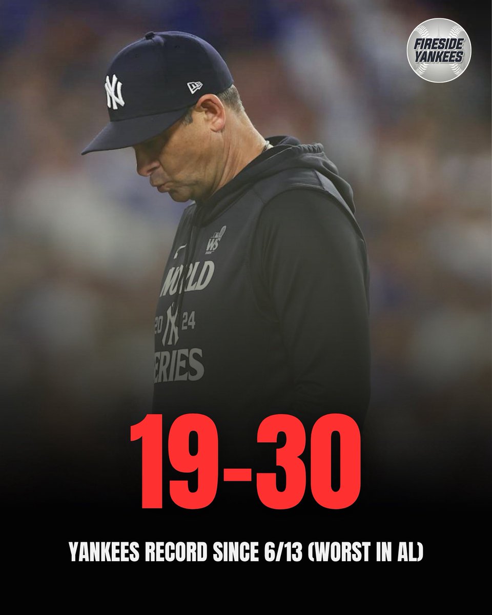 Fireside Yankees (@firesideyankees) on Twitter photo The Yankees have a 19-30 record since June 13th; the worst mark in the American League 😬
They’ve lost over 11 games in the AL East standings.
(Via <a href="/SharpStats17/">Katie Sharp</a>) The Yankees have a 19-30 record since June 13th; the worst mark in the American League 😬
They’ve lost over 11 games in the AL East standings.
(Via <a href="/SharpStats17/">Katie Sharp</a>)