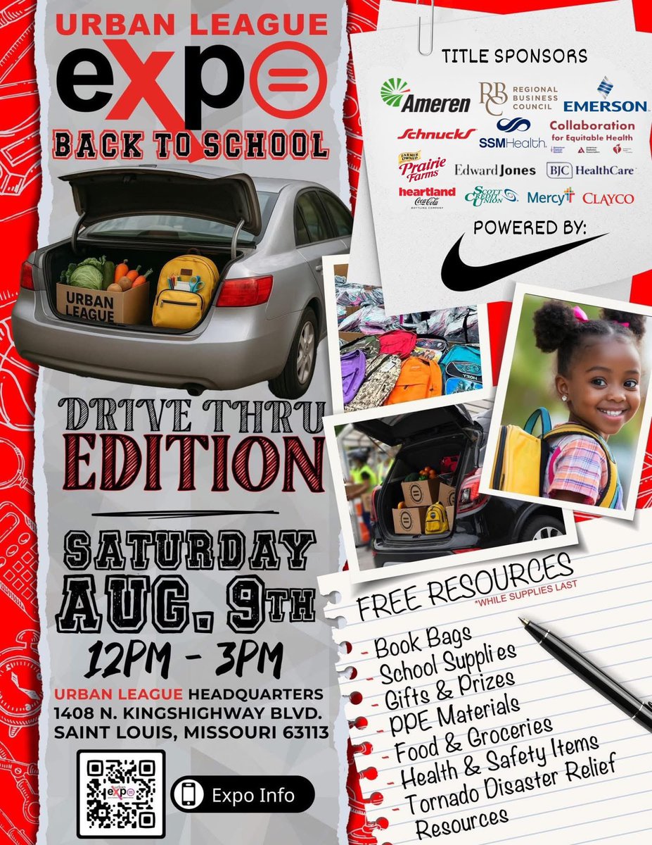 OUR BACK TO SCHOOL / FOOD &amp; RESOURCES DISTRIBUTION IS HAPPENING TODAY FROM 12-3 AT THE URBAN LEAGUE’S @ULSTL HEADQUARTERS ON KINGSHIGHWAY! PLEASE SPREAD THE WORD TO ANYONE IN NEED THAT WAS DEVASTATED BY THE RECENT TORNADO DAMAGE! We are prepared to serve 3,000 people with over