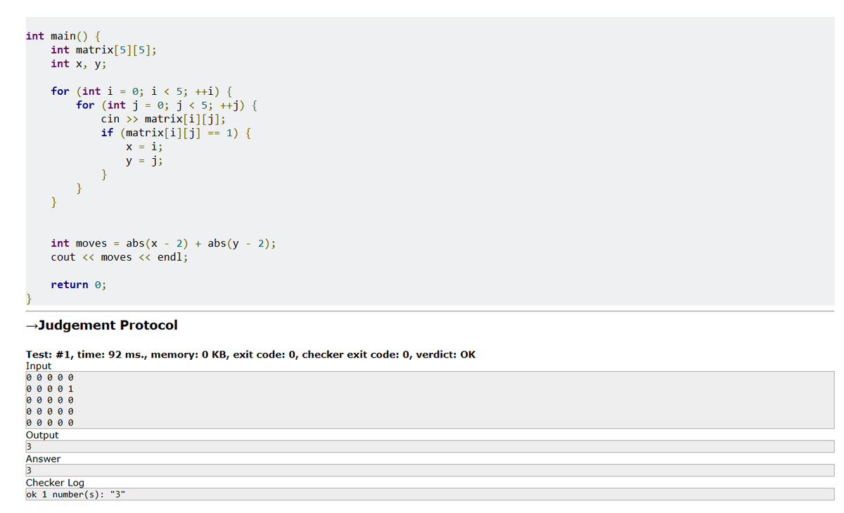 YashTripat11497's tweet photo. ✅ Day 16 Complete!
Solved CodeForces #263A – Beautiful Matrix for #TeachersDayChallenge.
#DrGViswanathan #Day15 #CodingChallenge #43DaysOfCode #LeetCode #CodeForces https://t.co/LRD4rM2lKj