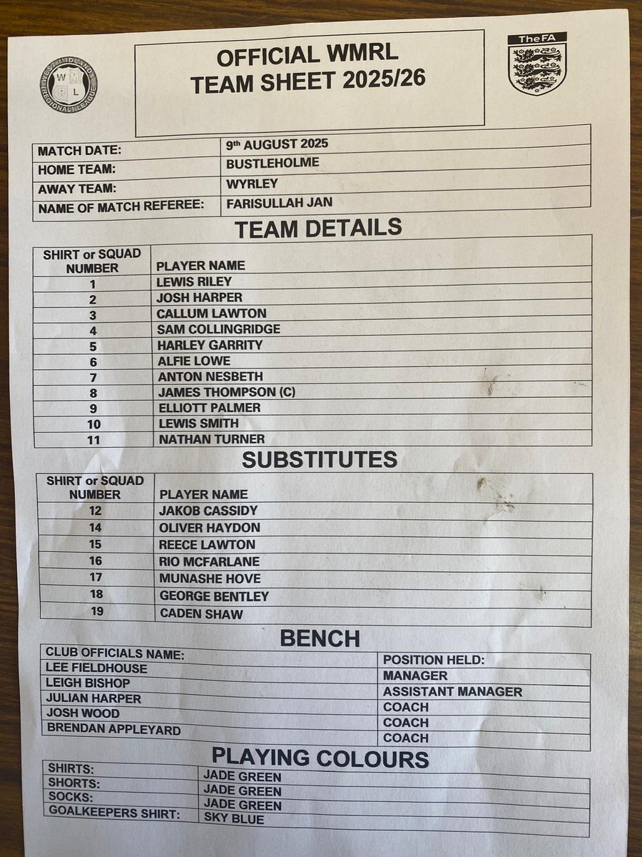 Todays teamsheet for our game v Wyrley at County HQ