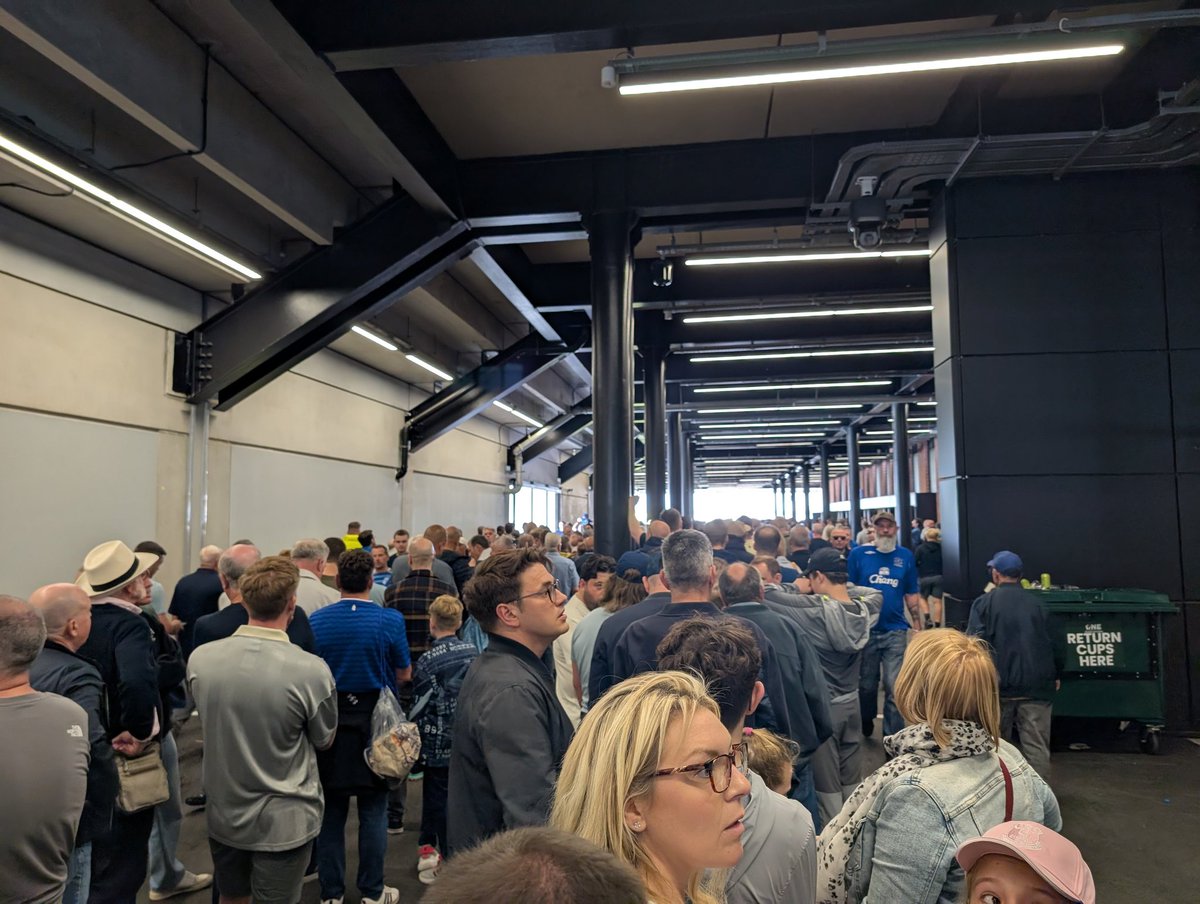 Not impressed with <a href="/Everton/">Everton</a> new stadium. Awful to get to and even worse with having such massive queues simply to get into the stadium. Advise to anyone get to the ground an hour before Kick off. We got here 1415 and queue is still ridiculous.