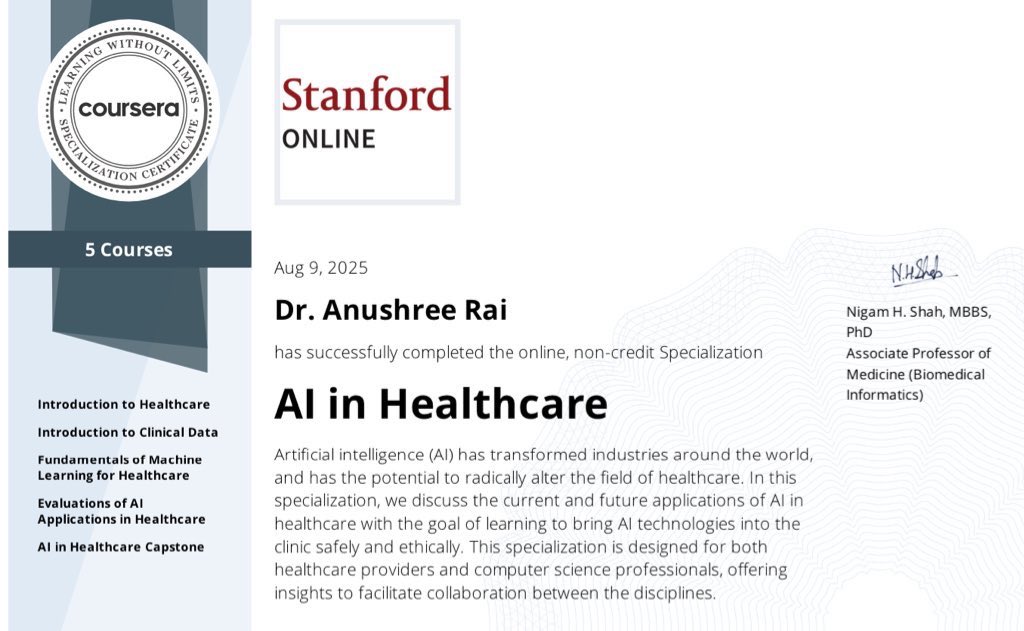 Just wrapped the AI in Healthcare Specialization from <a href="/Stanford/">Stanford University</a> 🎓 with one big takeaway that in health, the right tech strengthens care and compassion, it never replaces them.

Let’s connect if you’re working in this space! 👋

#AI #DigitalHealth #HealthEquity #MedTwitter