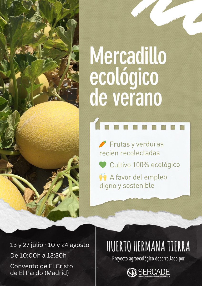 🥬🍅 ESTE VERANO... ¡CÓMETE EL HUERTO! 

Fruta y verdura ecológica del #HuertoHermanaTierra 
👉 MAÑANA, 10 de agosto
📍 Convento de El Cristo de El Pardo
🕗 10:00 a 13:30 h

💚 Al comprar, apoyas una causa social que da empleo a personas en situación de exclusión.