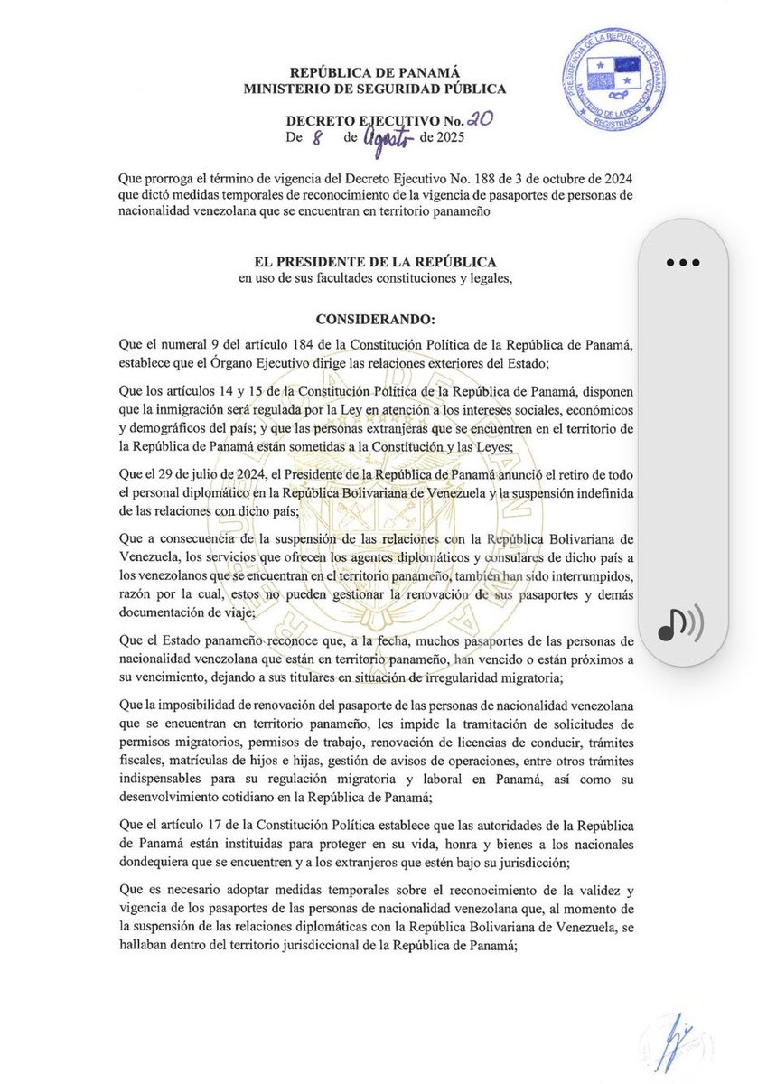 #9Ago ÚLTIMA HORA| A nuestros hermanos venezolanos en Panamá 🇵🇦 

Panamá prorroga medida que permite a venezolanos usar pasaporte vencido en trámites legales.