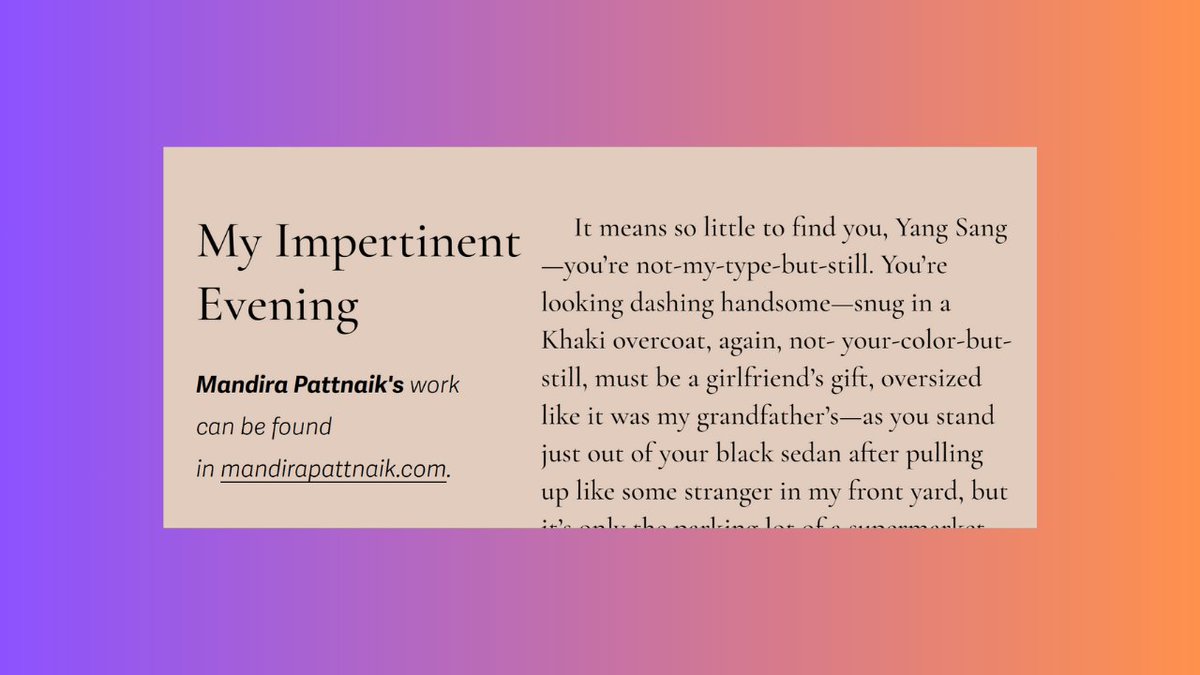 Resharing "My Impertinent Evening" included in this issue (alongside other fantastic pieces), for your weekend read! #readingcommunity