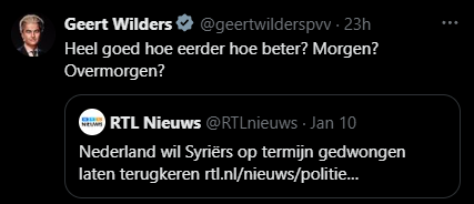 De beveiliging van Geert Wilders afschaffen.

Heel goed hoe eerder hoe beter? Morgen? Overmorgen?