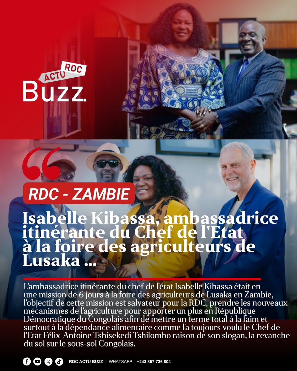 rdcactubuzz's tweet photo. #RDC | L'ambassadrice itinérante du Chef de l'Etat Isabelle Kibassa était en une mission salvatrice à la foire des agriculteurs de Lusaka ...
@isabellekibassa 

#RdcActuBuzz https://t.co/ozwBr3paCE