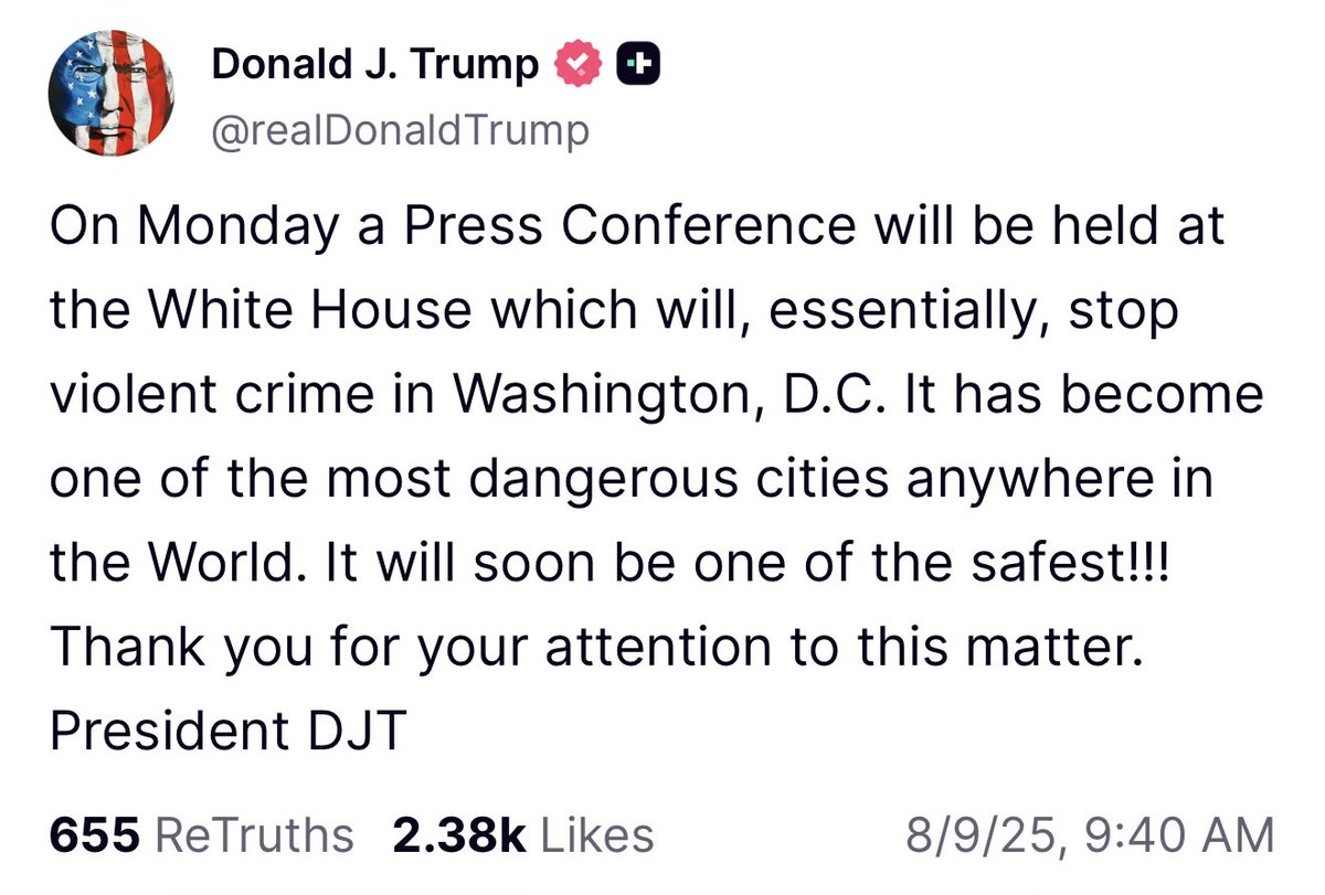 JUST IN: <a href="/realDonaldTrump/">Donald J. Trump</a> announces there’ll be a Monday press conference at the White House to address violent crime in DC. <a href="/wusa9/">WUSA9</a>