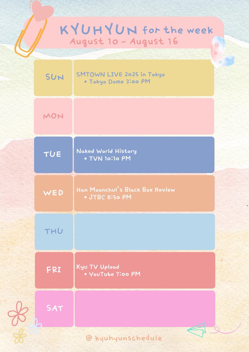 kyuhyun schedule π« (@kyuhyunschedule) on Twitter photo Kyuhyun for the Week - August 10 - August 16
<a href="/GaemGyu/">ChoKyuHyun</a>
#KYUHYUN #κ·ν #γγ₯γγ§γ³ #εθ΄€ Kyuhyun for the Week - August 10 - August 16
<a href="/GaemGyu/">ChoKyuHyun</a>
#KYUHYUN #κ·ν #γγ₯γγ§γ³ #εθ΄€