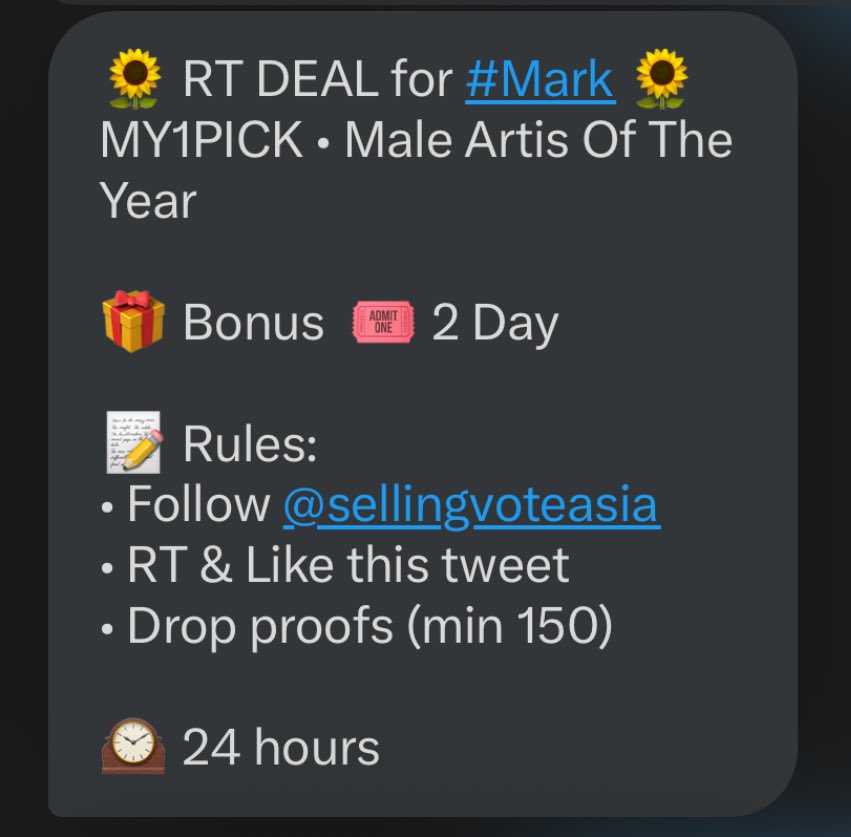 bess #1stπ« (@besmeachoo) on Twitter photo π» RT DEAL for #Mark π»
MY1PICK β’ Male Artis Of The Year
π Bonus ποΈ 2 Day
π Rules:
β’ Follow <a href="/sellingvoteasia/">SELLING VOTE ASIA</a>
β’ RT & Like this tweet
β’ Drop proofs (min 150)
π°οΈ 24 hours π» RT DEAL for #Mark π»
MY1PICK β’ Male Artis Of The Year
π Bonus ποΈ 2 Day
π Rules:
β’ Follow <a href="/sellingvoteasia/">SELLING VOTE ASIA</a>
β’ RT & Like this tweet
β’ Drop proofs (min 150)
π°οΈ 24 hours