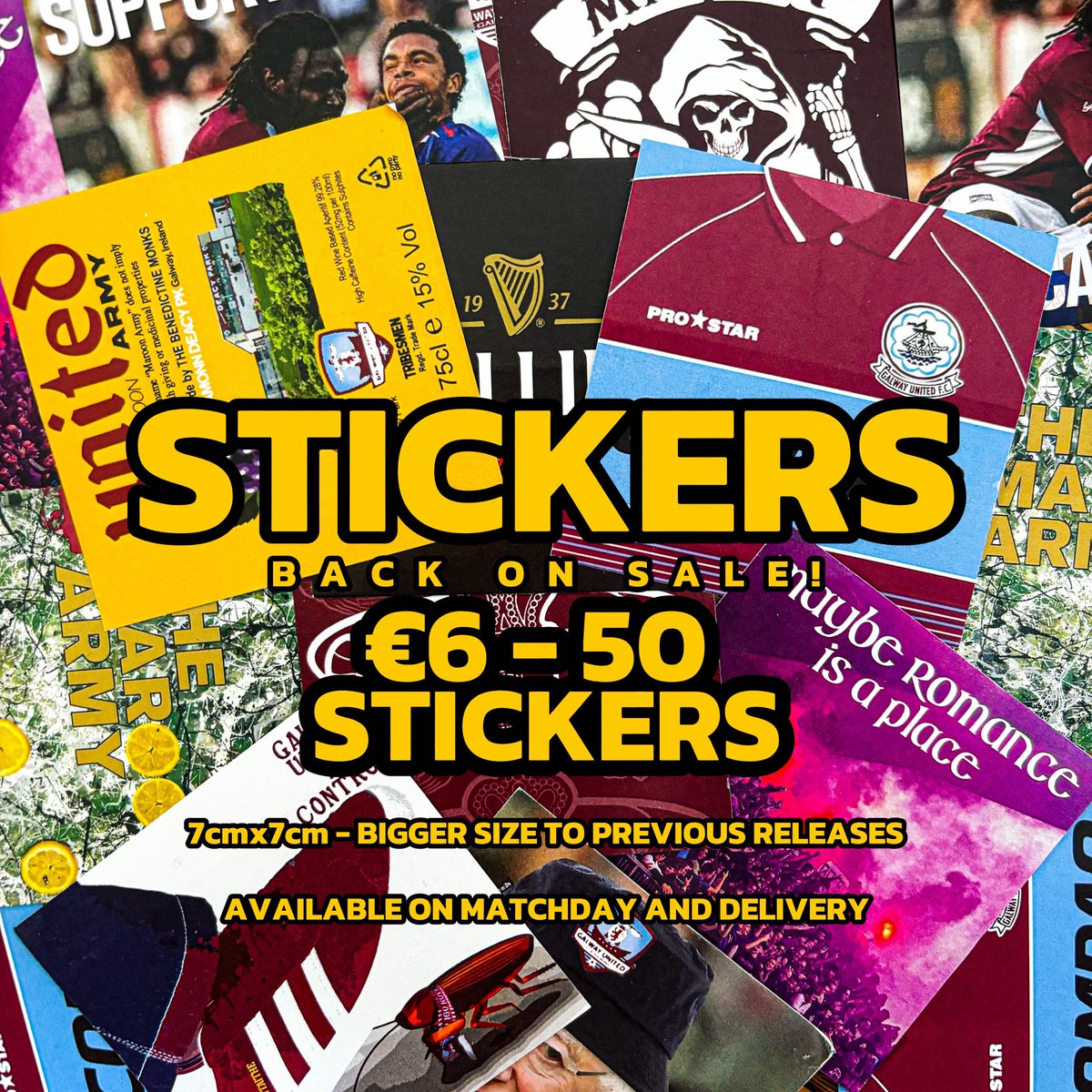GALWAY UNITED STICKERS - BACK IN STOCK
50 stickers per pack - 10 designs, including 4 new ones.
€6 per pack.
All profits go towards the match day experience.
Available by post, on matchdays, and awaydays.

#MA13 #GUFC