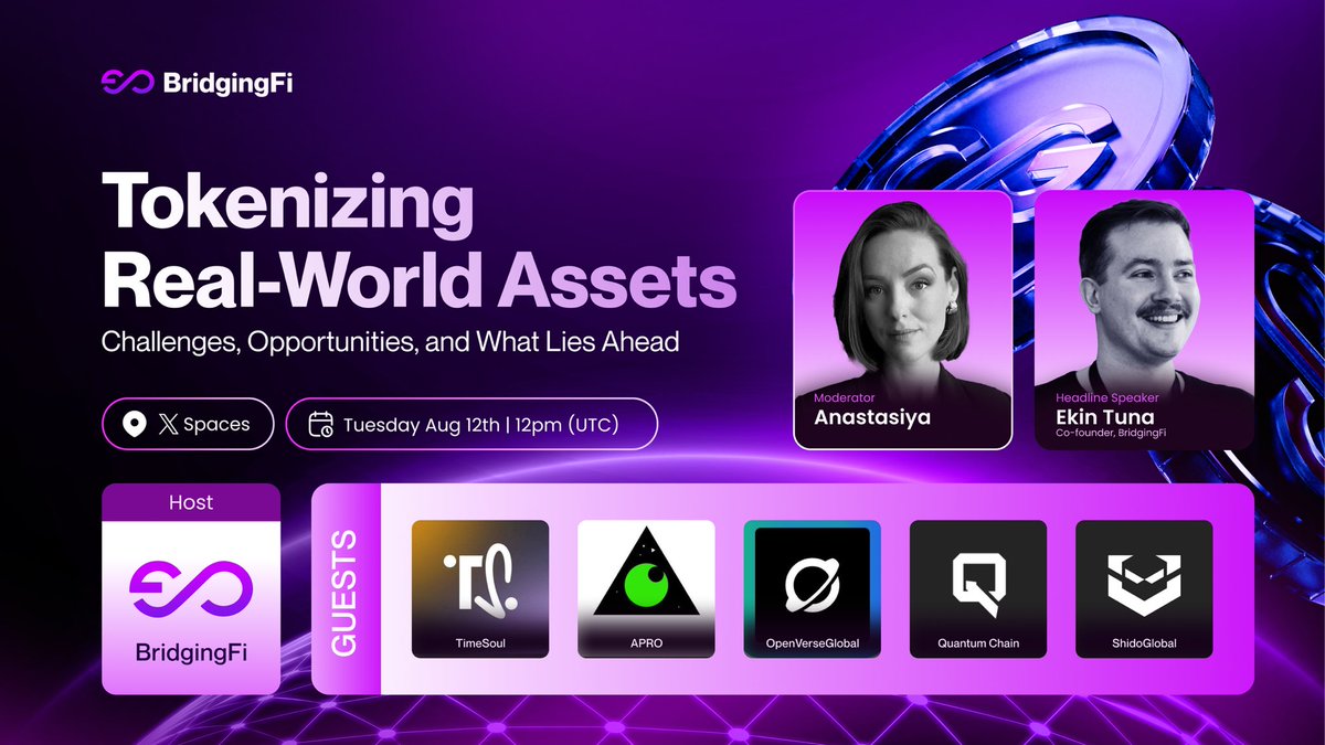 BridgingFi (@bridgingfi) on Twitter photo 🎙️ AMA ALERT!!!
💬 Topic: Tokenizing Real-World Assets: Challenges, Opportunities & What Lies Ahead
📌 Set Reminder: x.com/i/spaces/1rmGP…
🎤 Headline Speaker: <a href="/ekinctuna/">Ekin Tuna</a> , Co-Founder <a href="/BridgingFi/">BridgingFi</a>
😃 Guests:
<a href="/timesoulcom/">TimeSoul</a> , <a href="/APRO_Oracle/">APRO |🐾Hiring</a> , <a href="/OpenverseGlobal/">Openverse Global</a> , <a href="/qntmchain/">Quantum Chain</a> , 🎙️ AMA ALERT!!!
💬 Topic: Tokenizing Real-World Assets: Challenges, Opportunities & What Lies Ahead
📌 Set Reminder: x.com/i/spaces/1rmGP…
🎤 Headline Speaker: <a href="/ekinctuna/">Ekin Tuna</a> , Co-Founder <a href="/BridgingFi/">BridgingFi</a>
😃 Guests:
<a href="/timesoulcom/">TimeSoul</a> , <a href="/APRO_Oracle/">APRO |🐾Hiring</a> , <a href="/OpenverseGlobal/">Openverse Global</a> , <a href="/qntmchain/">Quantum Chain</a> ,