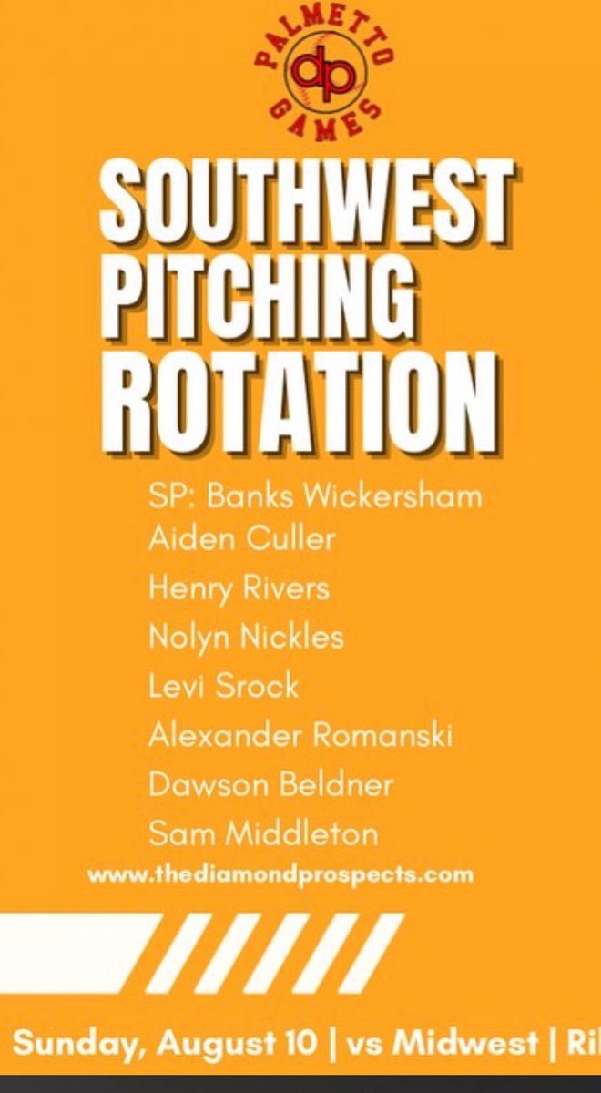 I will be pitching Sunday August 10th at 9am in the 7th inning for the southwest team in orange in the palmetto games at Riley park!