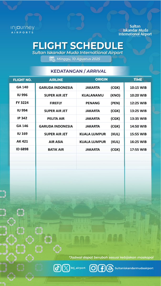 btj_airport's tweet photo. Selamat malam Sahabat BTJ!!
Berikut jadwal penerbangan bandara internasional @btj_airport untuk besok Minggu, 10 Agustus 2025. https://t.co/dAICobZiXM
