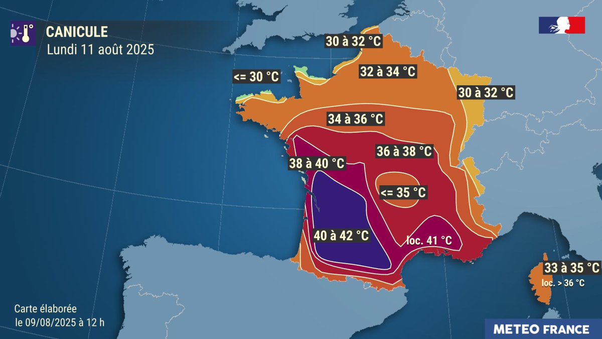 🌡️🟠 Demain dimanche, les tres fortes chaleurs s’intensifient et la #VigilanceOrange #Canicule s’étendra désormais à 42 départements. 

Lundi pourrait être la journée la plus chaude de l’épisode à l’échelle du pays.

👉 meteofrance.com/actualites-et-…