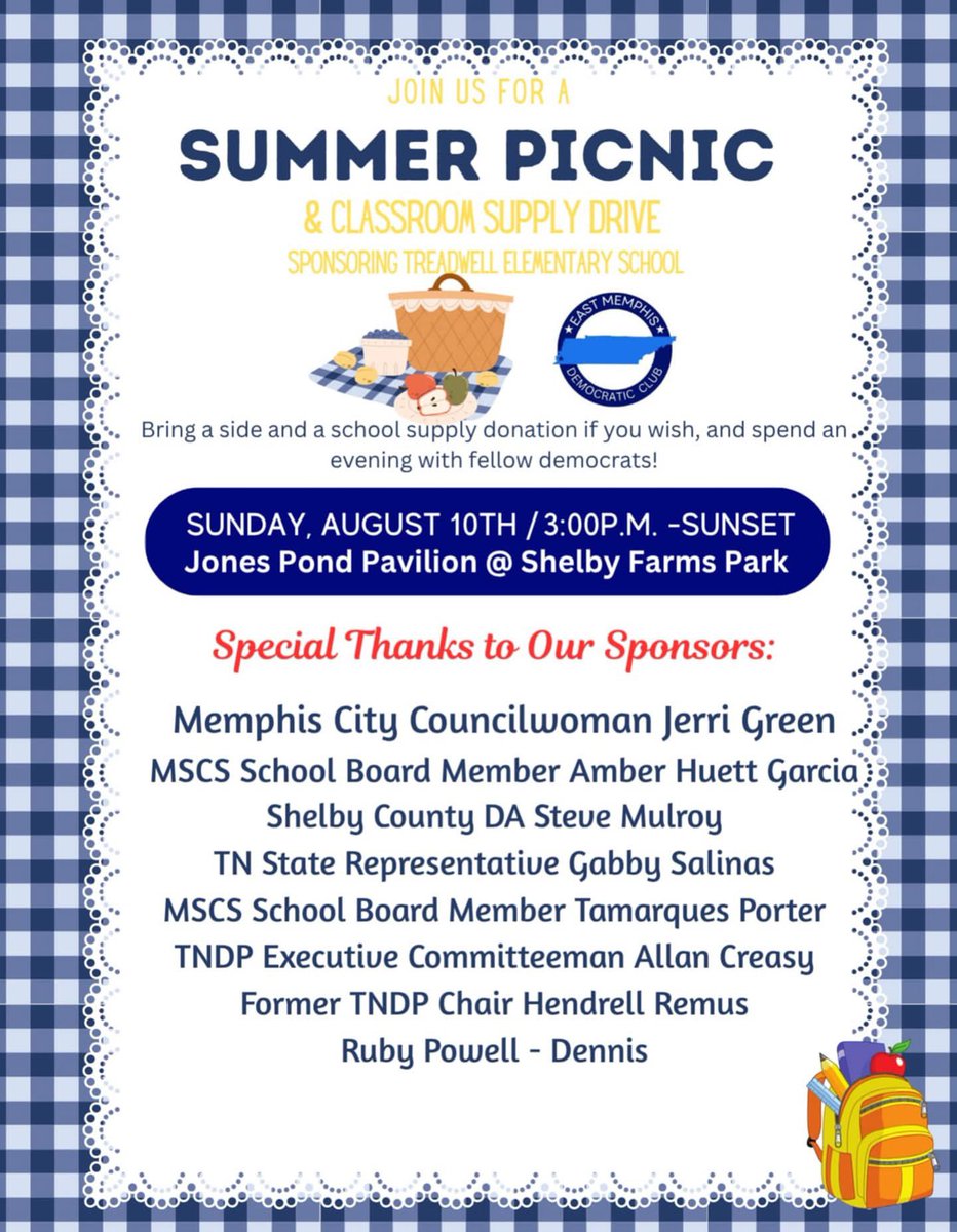 Jerri Green (@jerri_m_green) on Twitter photo TOMORROW! Come join the <a href="/EastMemphisDems/">EastMemphisDems</a> as we picnic with a purpose. Bring a side and school supplies! TOMORROW! Come join the <a href="/EastMemphisDems/">EastMemphisDems</a> as we picnic with a purpose. Bring a side and school supplies!