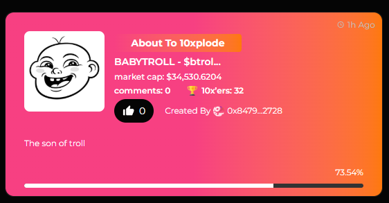 10xFun_io's tweet photo. $Btroll just claimed the About to 10xplode spot 🚀

Very close to graduating… 👀

Who’s going to grab that 10x reward? 💰

$Btroll 👉 https://t.co/aHmMy8tAtD https://t.co/Ig3g5Bhpen