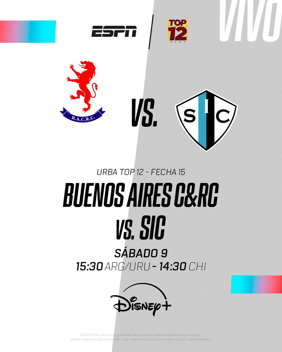 Facundo Quiroga 🎙️ (@facuquiroga82) on Twitter photo #URBATOP12 | Sábado 15:30 (ARG/URU) con <a href="/Edu_Simone/">Eduardo Simone</a>, @MacaBlasi y @AlmejunFede, hacemos #BuenosAiresCRC vs #SIC a través de #DisneyPlus! También disponible en ESPN 4. 🏉⭐ #URBATOP12 | Sábado 15:30 (ARG/URU) con <a href="/Edu_Simone/">Eduardo Simone</a>, @MacaBlasi y @AlmejunFede, hacemos #BuenosAiresCRC vs #SIC a través de #DisneyPlus! También disponible en ESPN 4. 🏉⭐