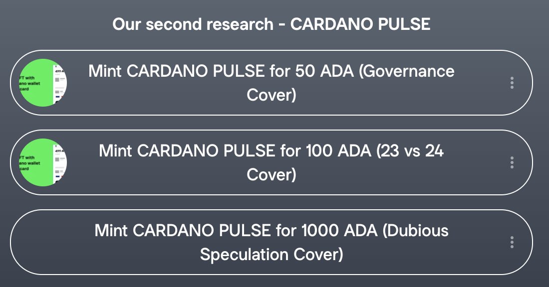 We heard NFTs are coming back, so go mint yourself one big piece of research about Cardano 👇

*𝒐𝒏 𝒐𝒖𝒓 𝒍𝒊𝒏𝒌𝒕𝒓𝒆𝒆*

What you are doing with that is - fully supporting the researchers! Choose if you want to support with 50, 100 or 1000 ADA!

Thank you!
📜🏌️‍♂️